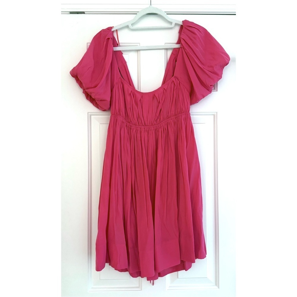 Mustard Seed Mini Dress with Short Puff Sleeves in Coral Pink - Size S